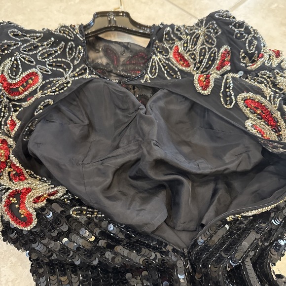 VTG 90s‎ Niteline Dress Women Sz 6 Black Silk All Sequin Floral Beaded Maxi Gown - Picture 9 of 14